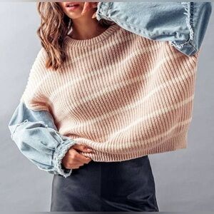 Dreamers by Debut Oversized Unique Striped Tan Sweater with Denim Sleeves Sz M